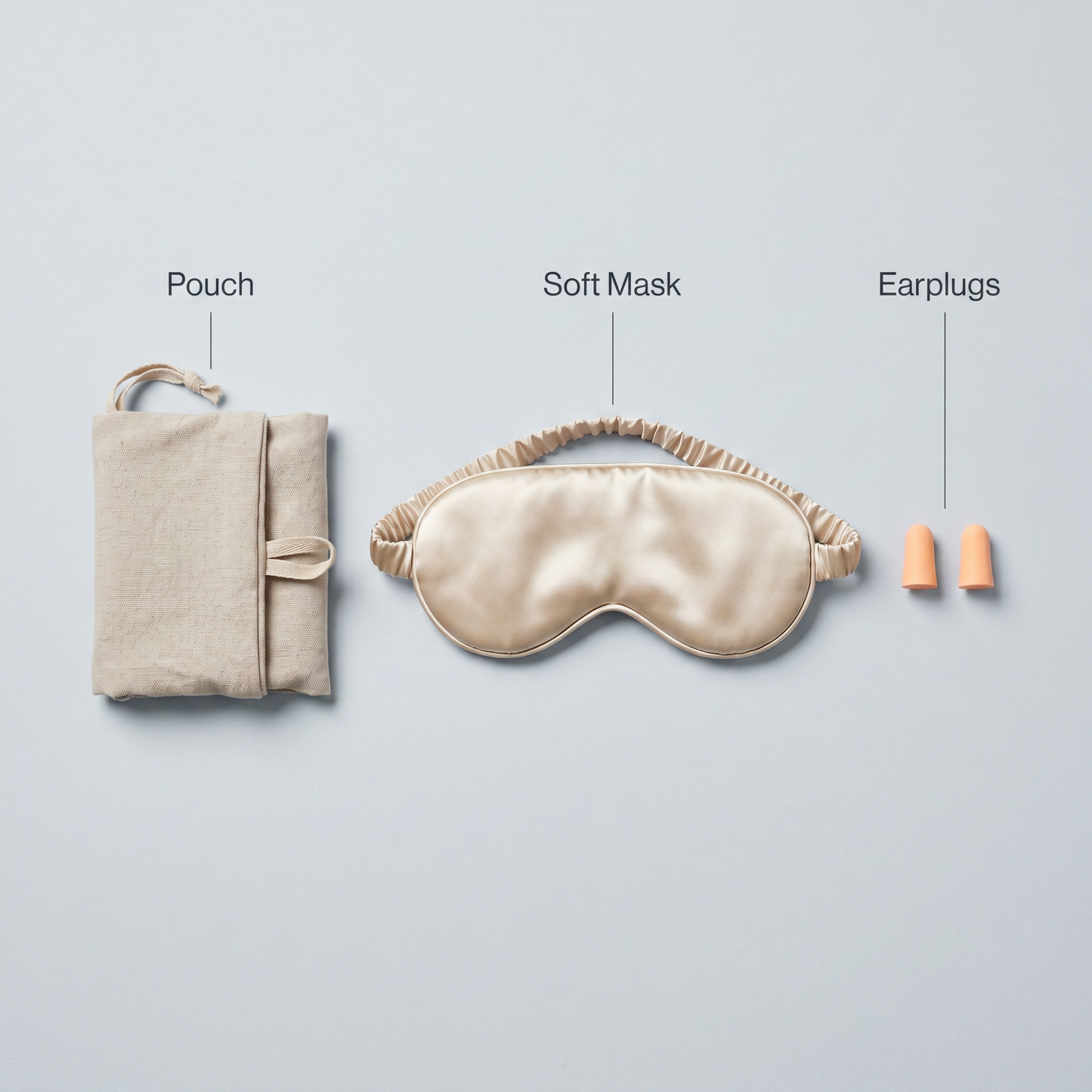 Flat lay of DriftKit Travel Sleep Kit showing pouch, soft sleep mask, and earplugs with labeled layout