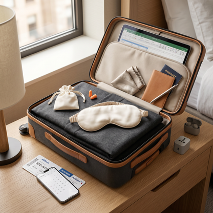 DriftKit travel sleep pouch in a carry-on setup with passport, laptop, phone, and business travel essentials