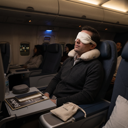 Traveler wearing sleep mask on a red-eye flight with DriftKit pouch close by for easy in-flight rest setup