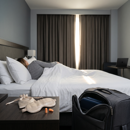 DriftKit Travel Sleep Kit placed beside hotel bed for travel rest routine in a softly lit room