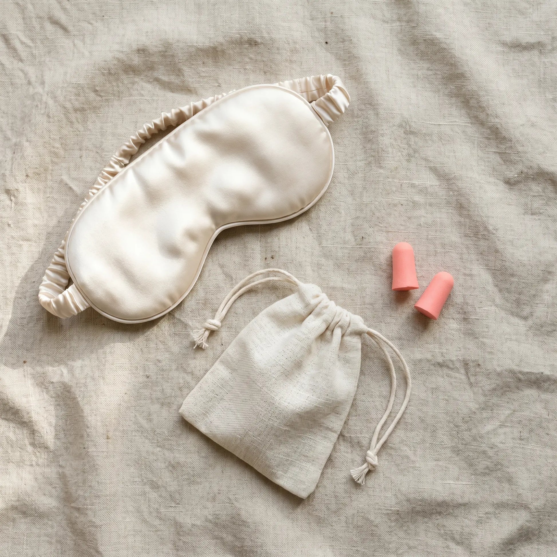 Flat lay of DriftKit travel sleep essentials for long flights