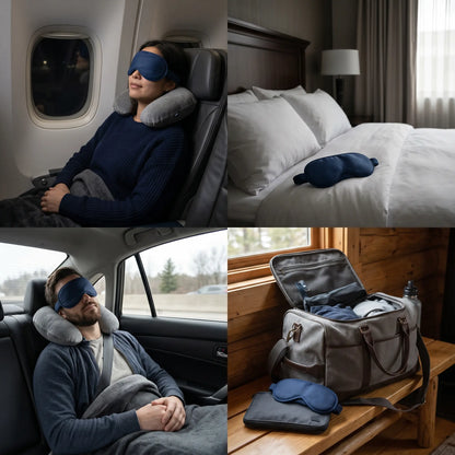 DriftKit Travel Sleep Kit shown in flight, hotel, and business travel scenes
